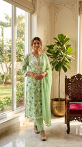 Women Pista Green Lucknowi Work Cotton Kurta Pant Dupatta Set