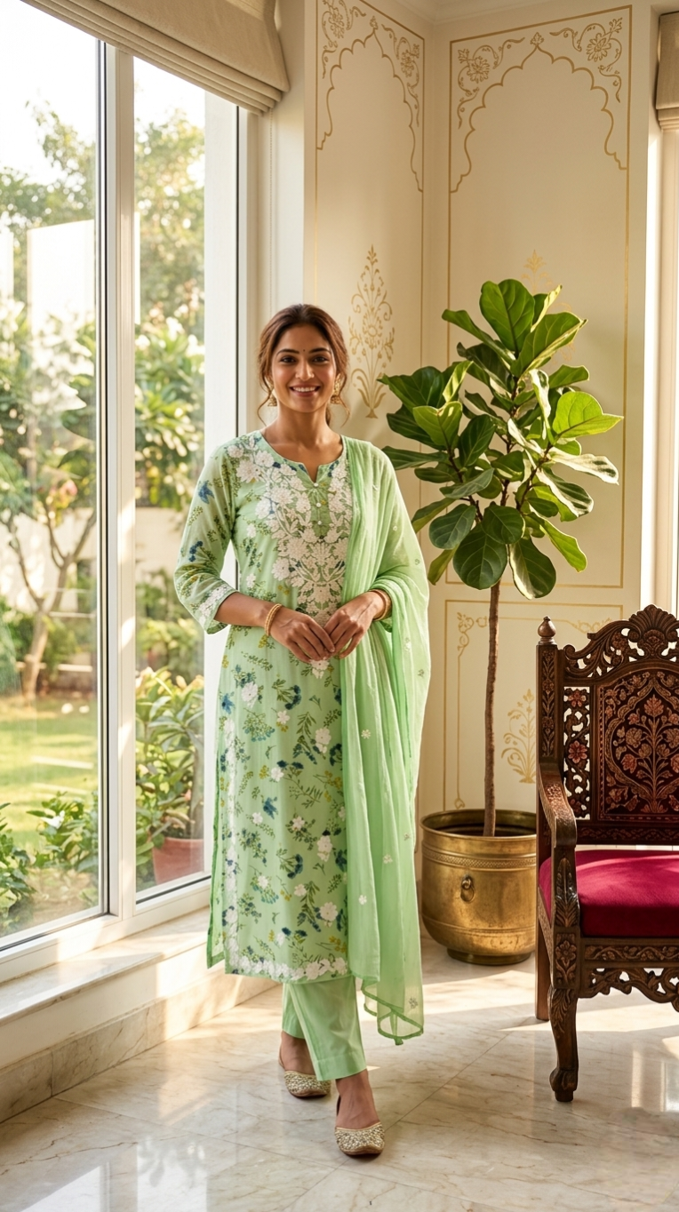 Women Pista Green Lucknowi Work Cotton Kurta Pant Dupatta Set