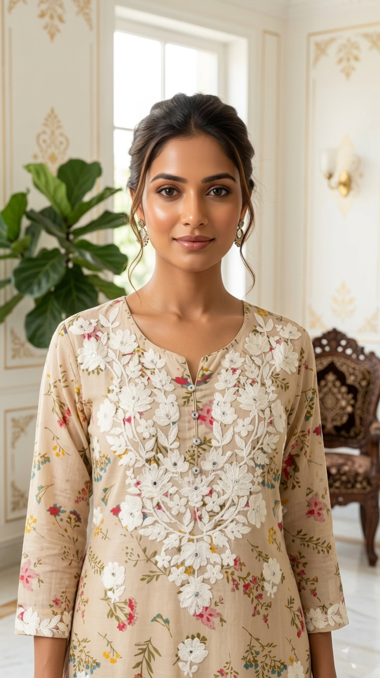 Women Beige Lucknowi Work Cotton Kurta Pant Dupatta Set
