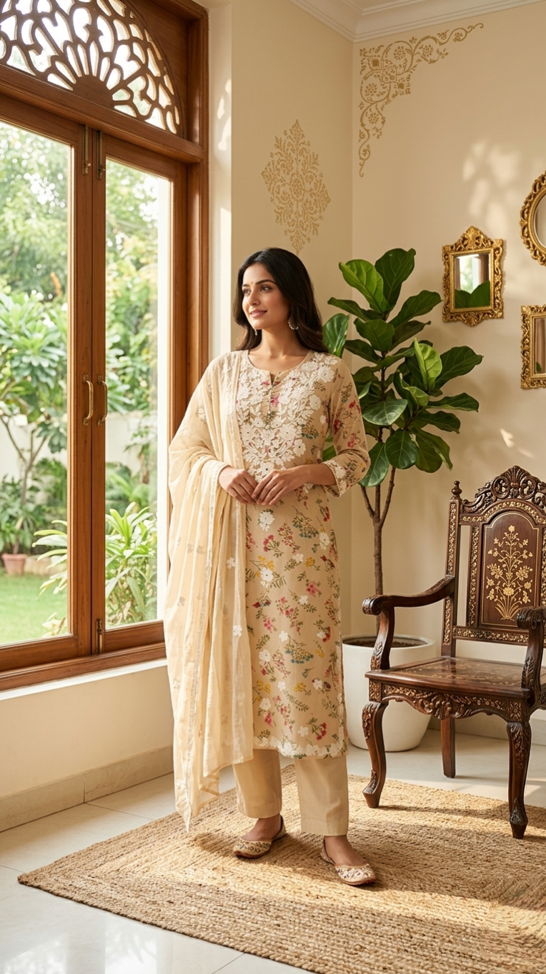 Women Beige Lucknowi Work Cotton Kurta Pant Dupatta Set