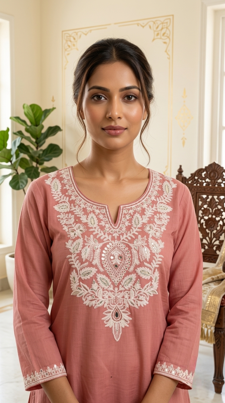 Women Pink Embroidered Cotton Kurta Pant Dupatta Set