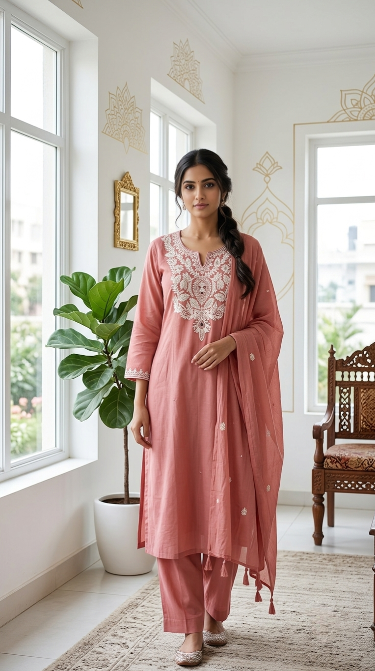 Women Pink Embroidered Cotton Kurta Pant Dupatta Set