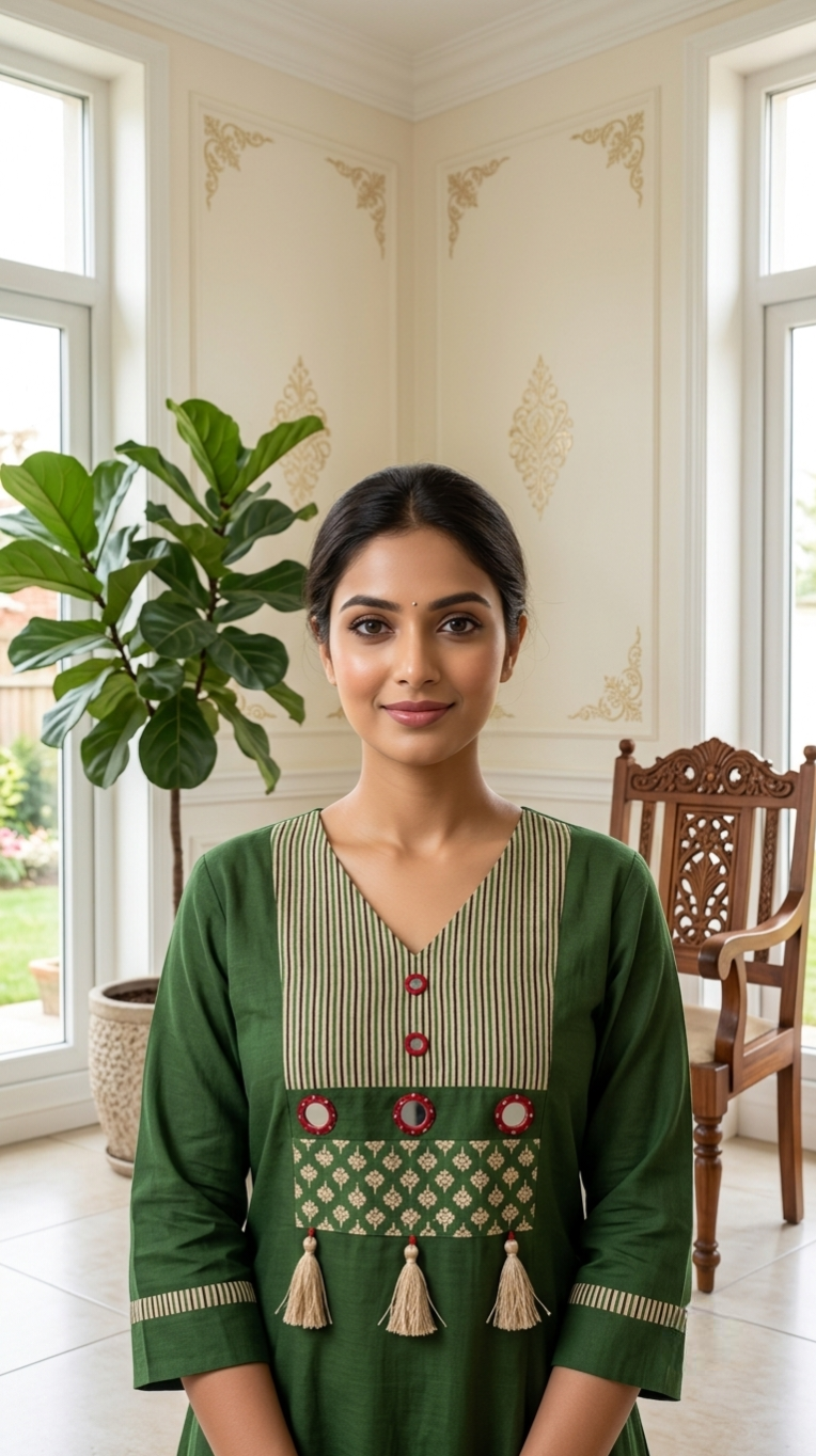 Women Green Patch Work Cotton Kurta Pant Dupatta Set