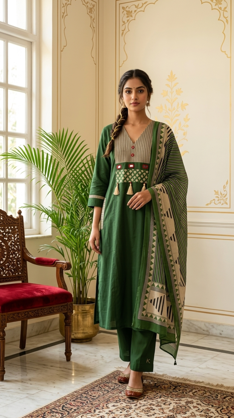 Women Green Patch Work Cotton Kurta Pant Dupatta Set