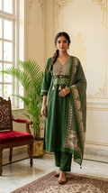 Women Green Patch Work Cotton Kurta Pant Dupatta Set