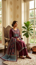 Women Purple Embroidered Cotton Kurta Pant Dupatta Set