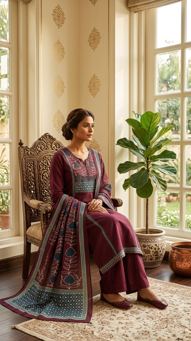 Women Purple Embroidered Cotton Kurta Pant Dupatta Set
