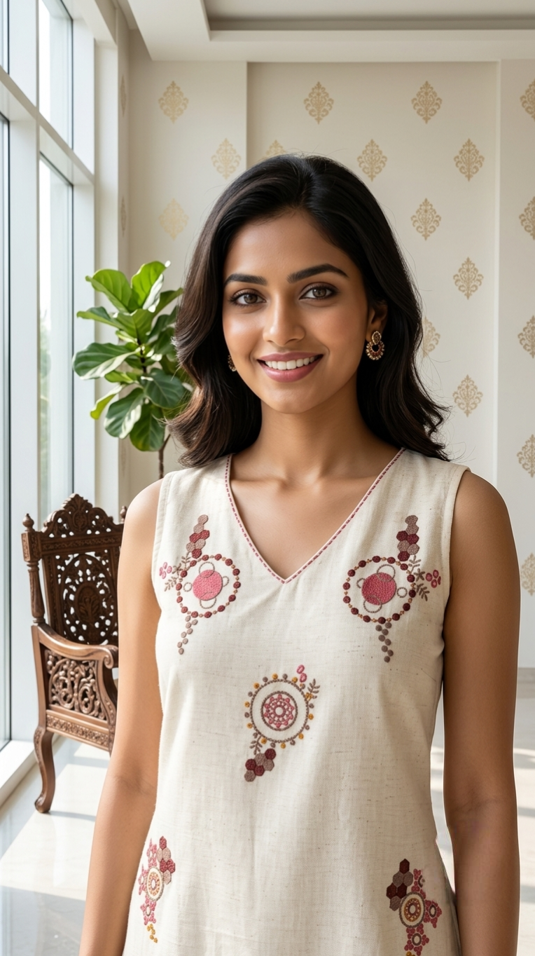 Women Beige Embroidered Cotton Kurta Pant Dupatta Set