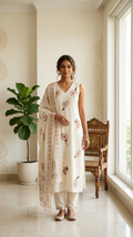 Women Beige Embroidered Cotton Kurta Pant Dupatta Set