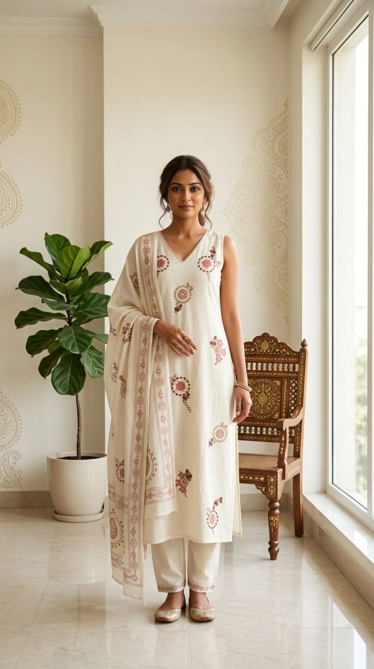 Women Beige Embroidered Cotton Kurta Pant Dupatta Set
