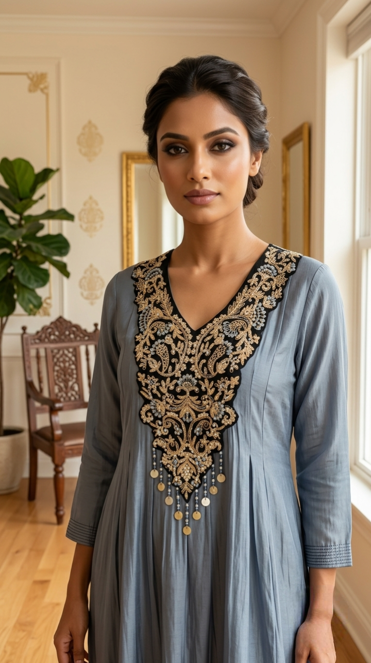 Women Gray Zari Embroidered Mul Chanderi Kurta Pant Dupatta Set