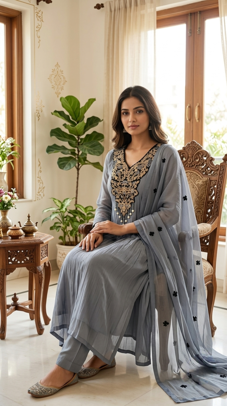 Women Gray Zari Embroidered Mul Chanderi Kurta Pant Dupatta Set