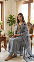 Women Gray Zari Embroidered Mul Chanderi Kurta Pant Dupatta Set
