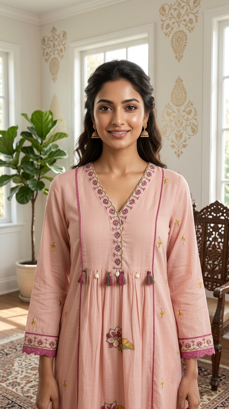 Women Pink Embroidered Mul Cotton Kurta Pant Dupatta Set