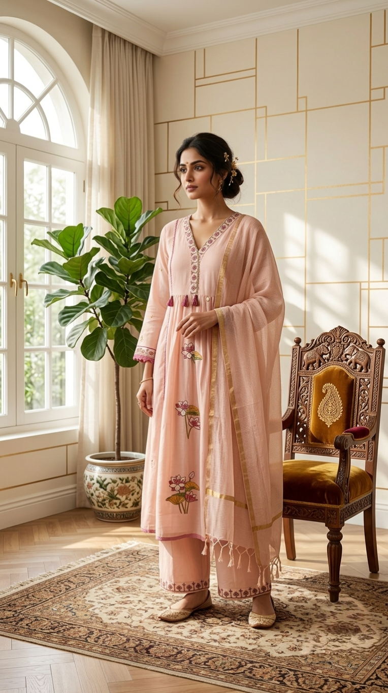Women Pink Embroidered Mul Cotton Kurta Pant Dupatta Set