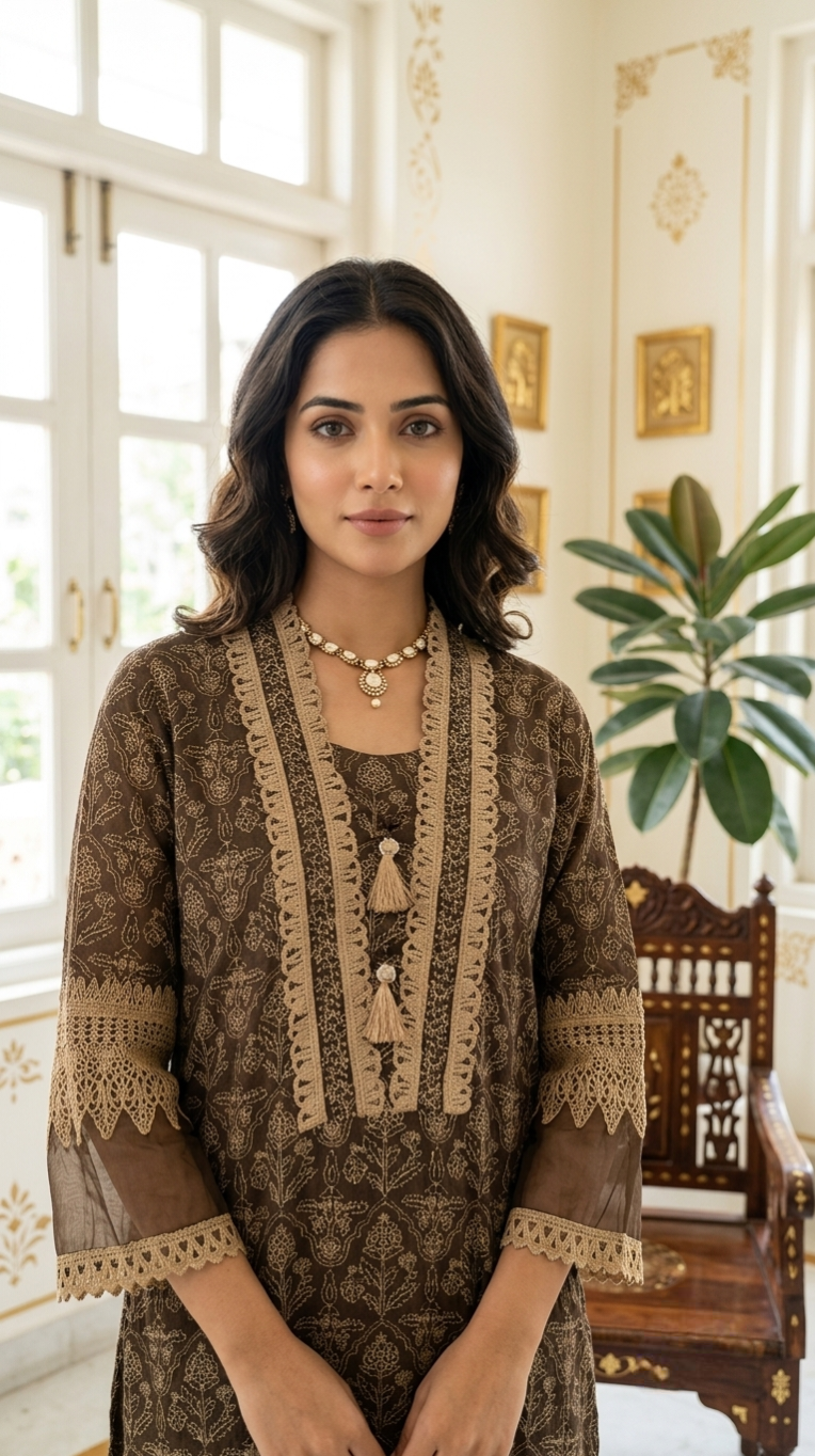 Women Brown Printed With Lace Work Cotton Kurta Pant Dupatta Set