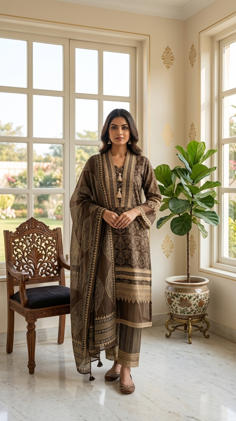 Women Brown Printed With Lace Work Cotton Kurta Pant Dupatta Set