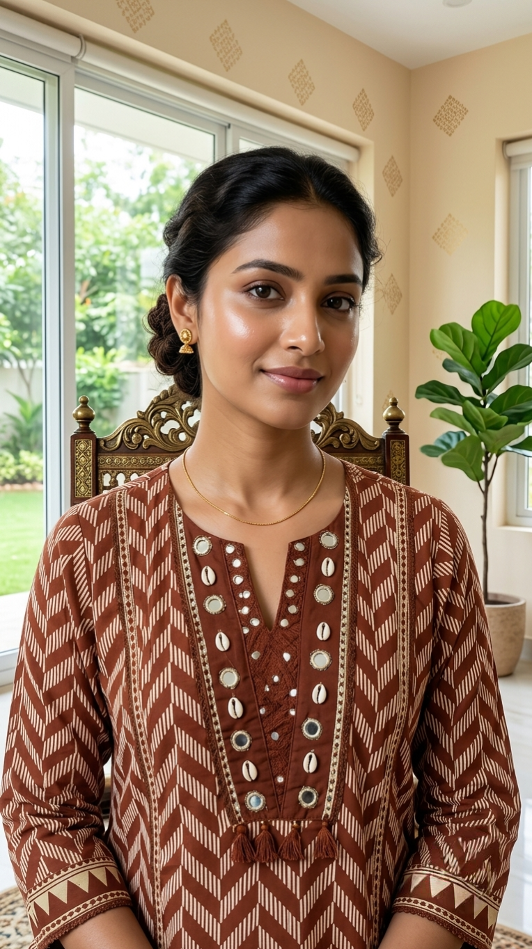 Women Rust Mirror Work Cotton Kurta Pant Dupatta Set