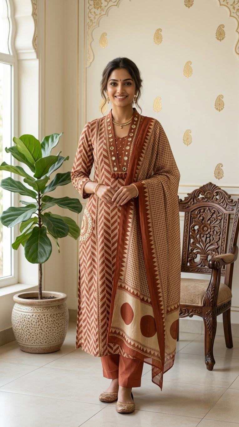 Women Rust Mirror Work Cotton Kurta Pant Dupatta Set