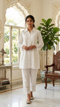 Women White Chikankari Work Mul Cotton Coord Set