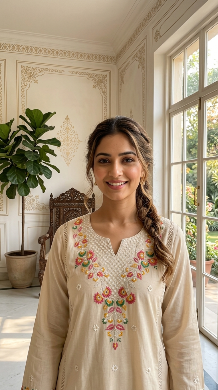 Women Beige Embroidered Cotton Kurta Pant Dupatta Set