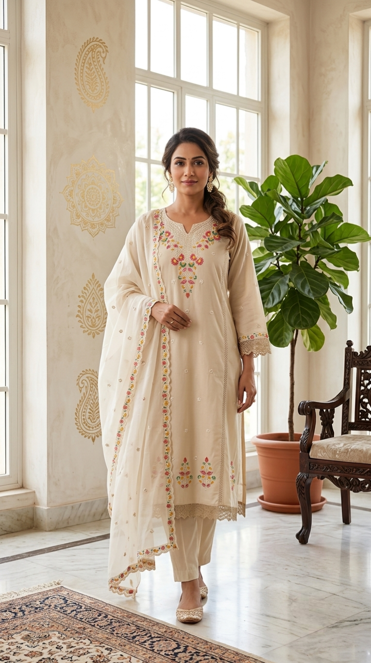 Women Beige Embroidered Cotton Kurta Pant Dupatta Set