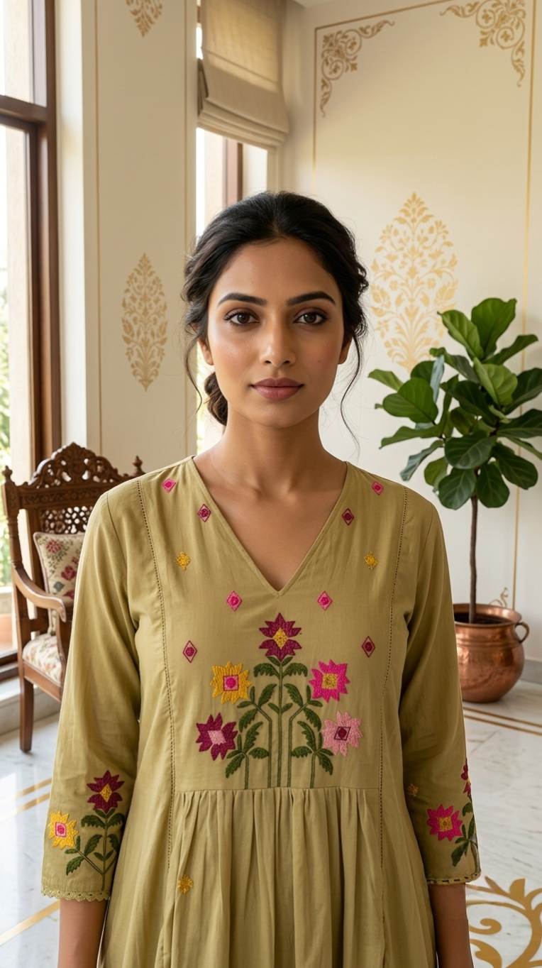 Women Mehandi Floral Embroidered Cotton Kurta Pant Dupatta Set