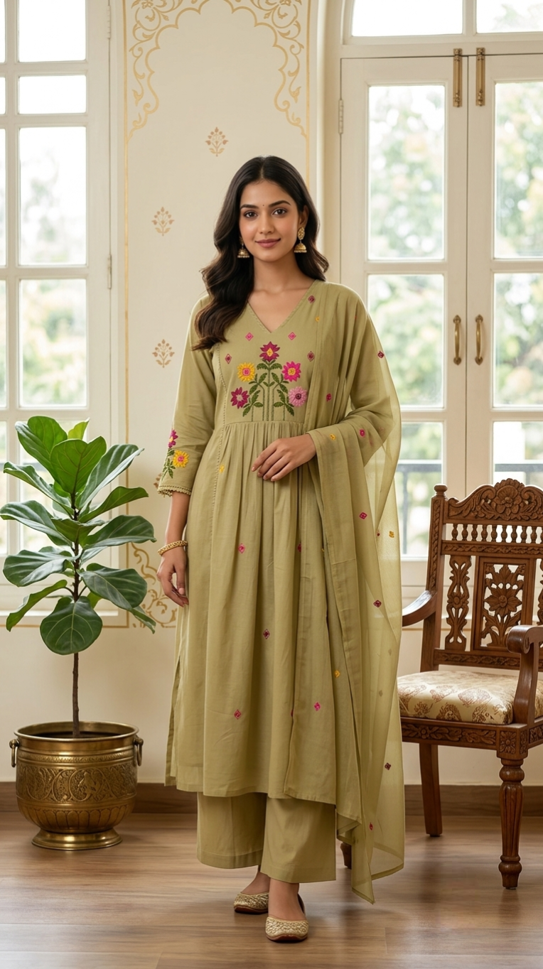 Women Mehandi Floral Embroidered Cotton Kurta Pant Dupatta Set