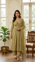 Women Mehandi Floral Embroidered Cotton Kurta Pant Dupatta Set