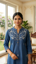 Women Blue Thread Work Denim Cotton Single Top