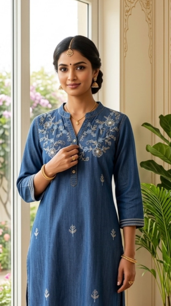Women Blue Thread Work Denim Cotton Single Top
