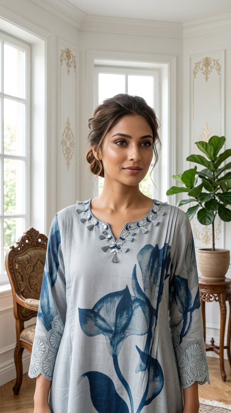 Women Powder Blue Mirror Work Cotton Linen Kurta Pant Dupatta Set