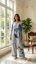 Women Powder Blue Mirror Work Cotton Linen Kurta Pant Dupatta Set