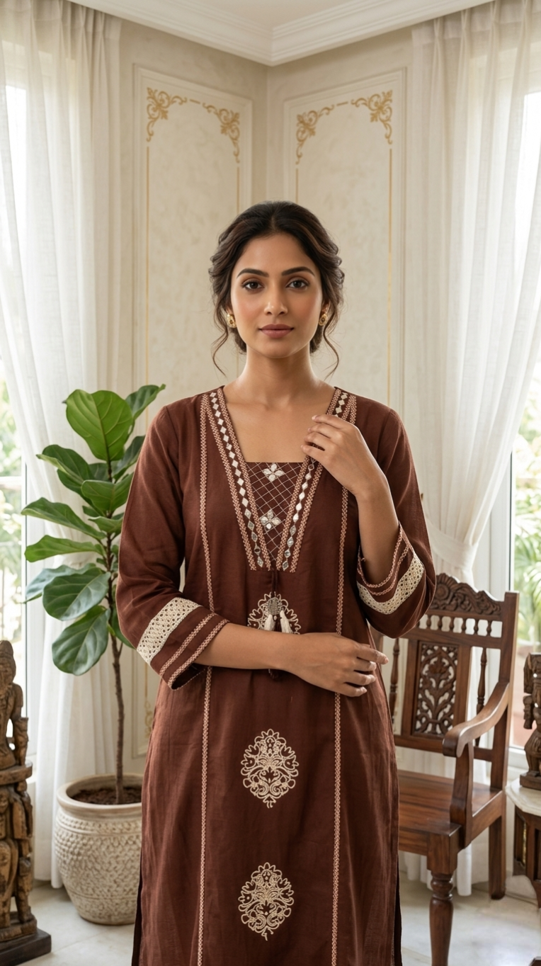 Women Coffee Mirror Work Cotton Kurta Pant Dupatta Set