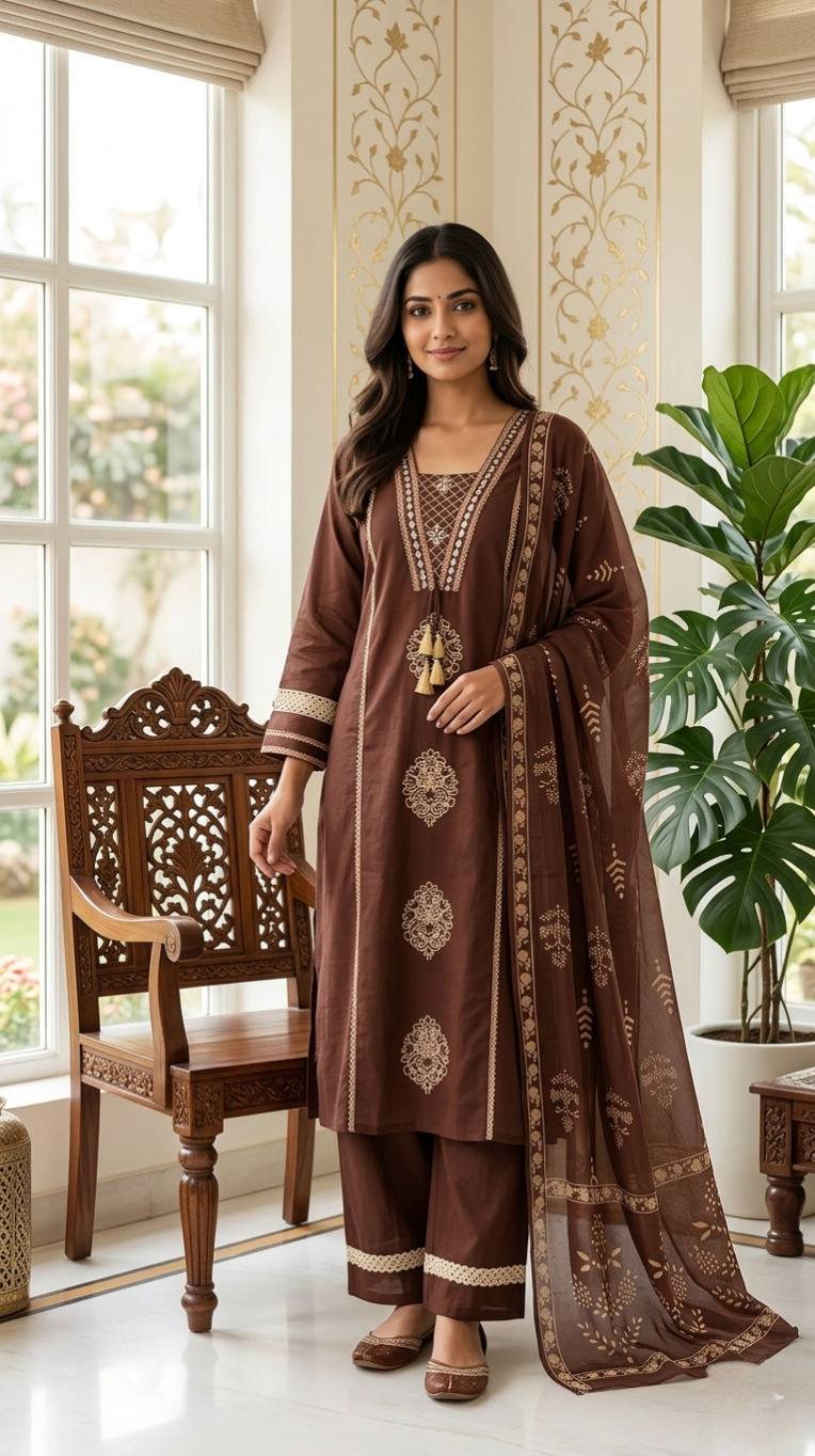 Women Coffee Mirror Work Cotton Kurta Pant Dupatta Set