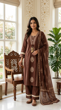 Women Coffee Mirror Work Cotton Kurta Pant Dupatta Set