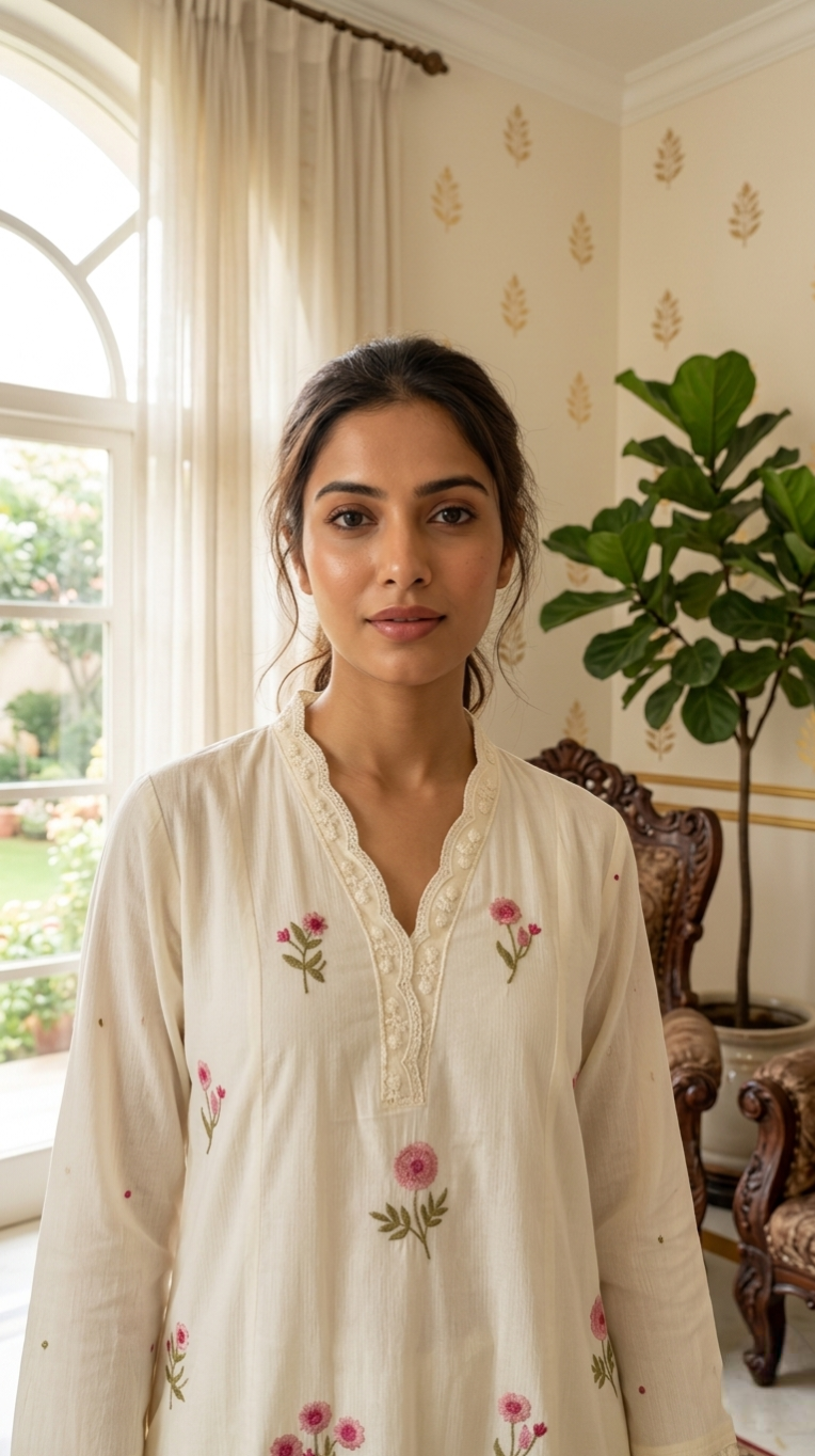 Women Off White Embroidered Cotton Kurta Pant Dupatta Set