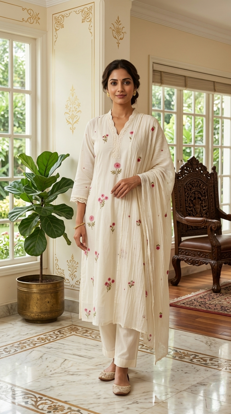 Women Off White Embroidered Cotton Kurta Pant Dupatta Set
