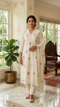 Women Off White Embroidered Cotton Kurta Pant Dupatta Set