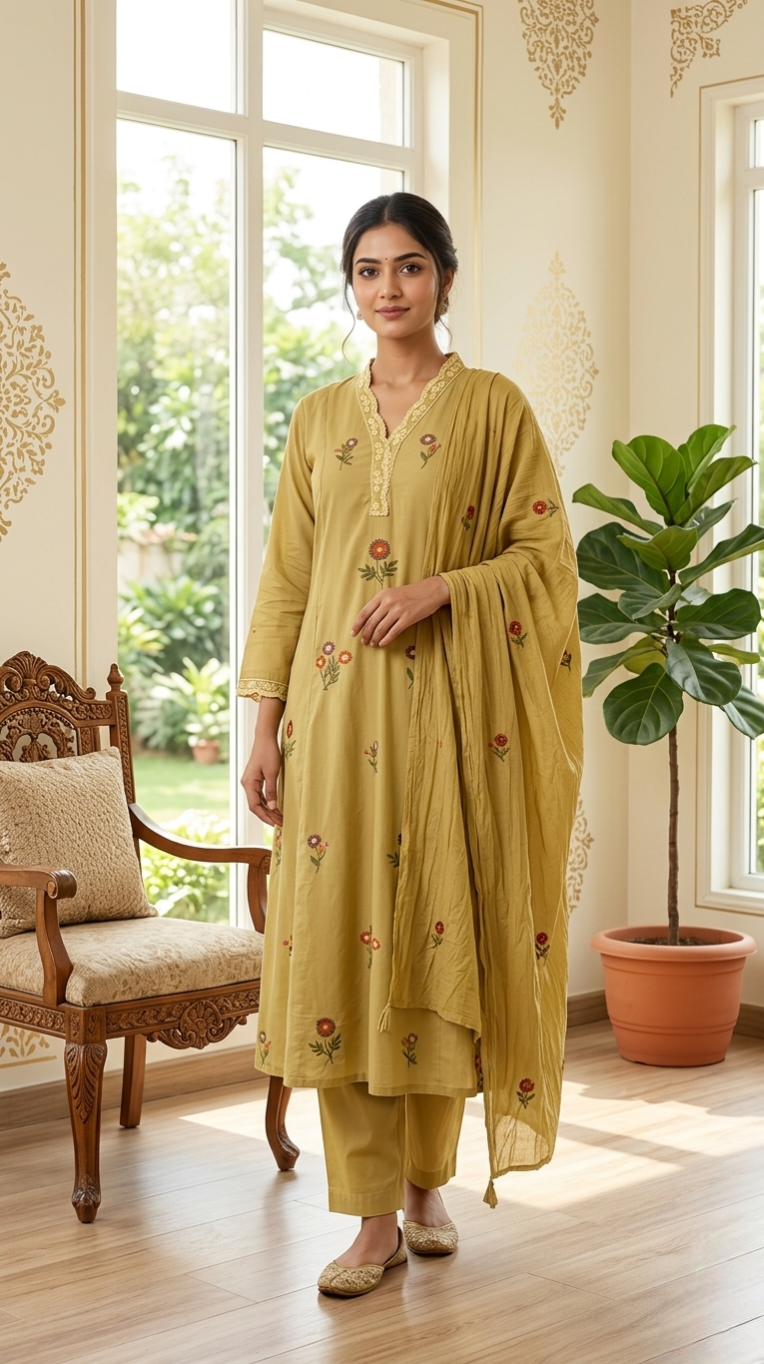Women Pastel Green Embroidered Cotton Kurta Pant Dupatta Set