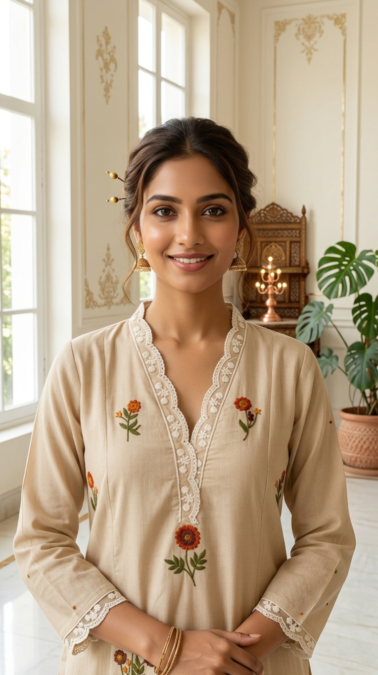 Women Beige Embroidered Cotton Kurta Pant Dupatta Set