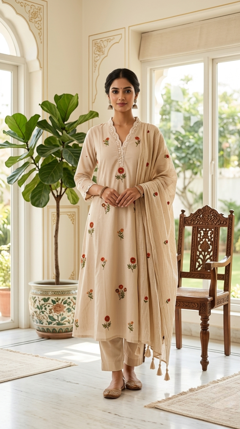Women Beige Embroidered Cotton Kurta Pant Dupatta Set