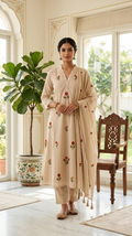 Women Beige Embroidered Cotton Kurta Pant Dupatta Set