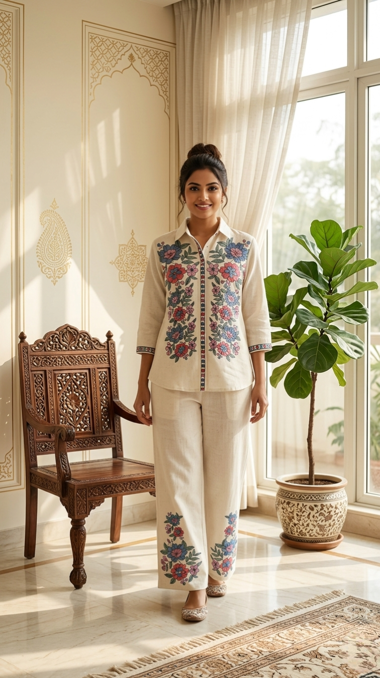 Women White Thread Embroidered Khadi Cotton Cordset