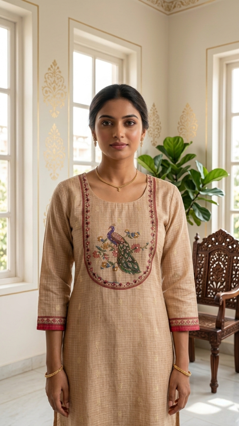Women Beige Katha Stich Cotton Linen Kurta Pant And Duppatta Set