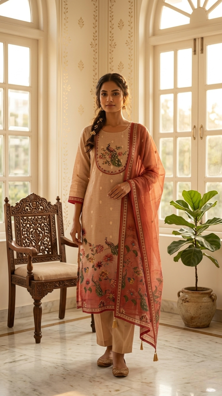 Women Beige Katha Stich Cotton Linen Kurta Pant And Duppatta Set