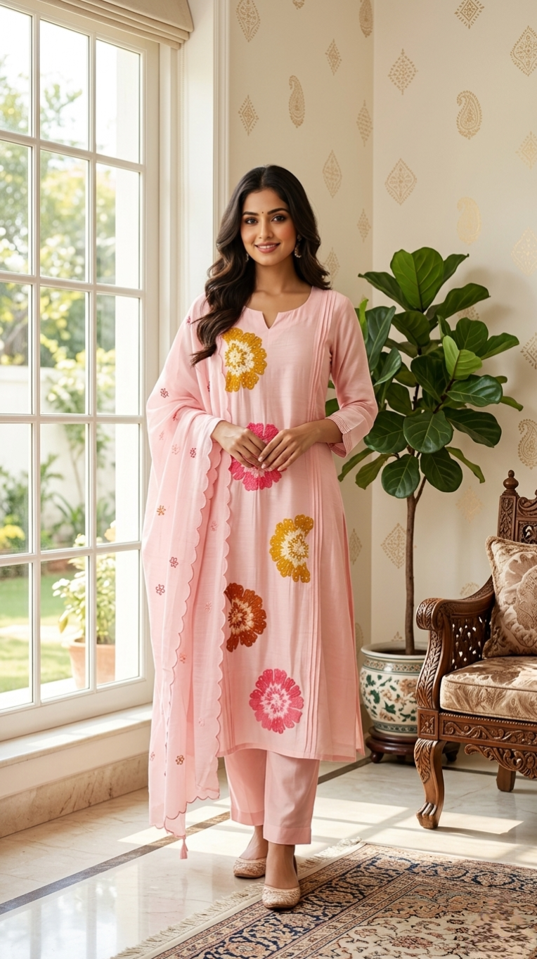 Women Pink Embroidered Cotton Silk Kurta Pant Dupatta Set