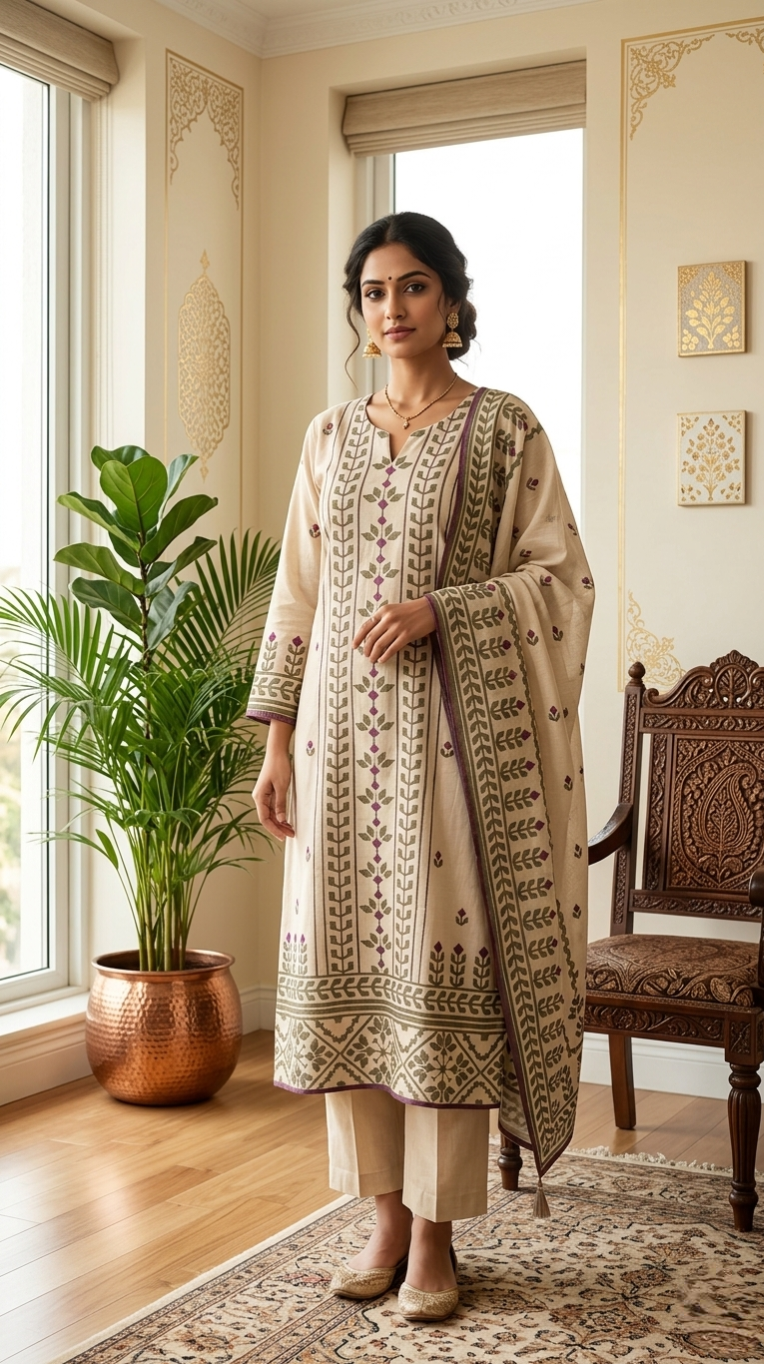 Women Off White Thread Embroidered Cotton Kurta Pant And Duppatta Set