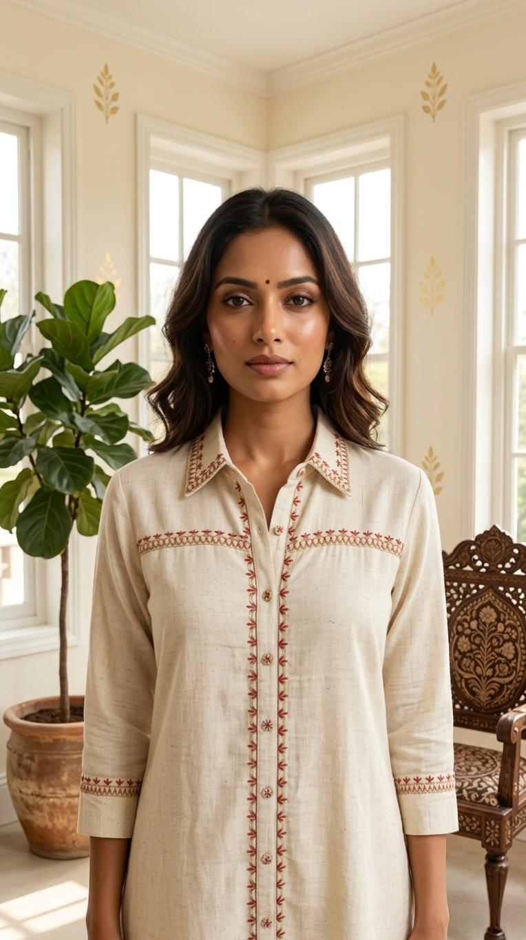 Women Off White Thread Embroidered Khadi Cotton Cordset
