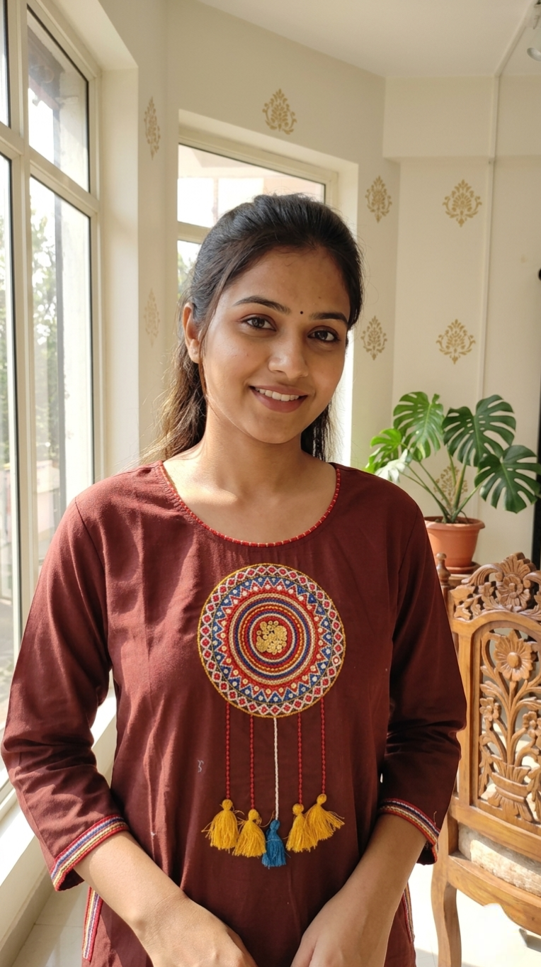 Women Brown Embroidered Cotton Kurta Pant Dupatta Set